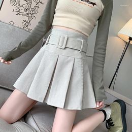 Skirts Corduroy Mini With Belt Women Sexy Cute Solid Harajuku Autumn High Waist Faldas Retro Preppy JK Pleated T953