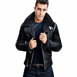 winter Men Original Natural Shearling Air Force Coat Sheep Fur Lining Motorycle Jacket Slim Fit Genuine Leather Aviator Jackets X1Ft#