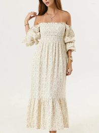 Casual Dresses Women Floral Maxi Dress Puff Sleeve Square Neck Backless Bohemian Flowy Elegant Wedding Guest Party Long