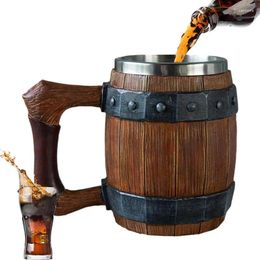 Mugs 2024 Wood Style Beer Mug 3D Resin Stainless Steel Coffee Cup Wine Glass Metal Double Wall Jug