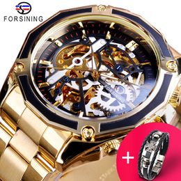 Forsining Watch Bracelet Set Combination Steampunk Gear Transparent Automatic Gold Stainless Steel Skeleton Luxury Men Watches315S