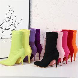 Boots 2023 Plus Size 3248 Women Fetish Suede Boots Stiletto 10cm High Heels Purple Yellow Neon Green Short Ankle Booties Peach Shoes