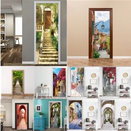 Stickers 3D Street Scenery Sticker On The Door Home Decoration Selfadhesive PVC Wallpaper Road Lane Decal Alley deursticker Porch Poster