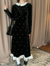 Casual Dresses Alien Kitty Ruffles Sweet Pearls Long Dress Women Elegant Velvet Chic Winter Office Lady Vintage Slim Daily Gentle Party