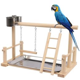 Perches Solid Wood Pet Parrot Playstand Parrots Bird Playground Bird Plays Stand Wooden Perch Playground Ladder with Steel Feeder Plate