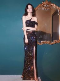 Stunning Black Sequin Split Evening Dresses Mermaid Spaghetti Long Party Sexy Sleevless One shoulder Ball Party Gown