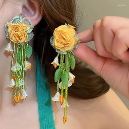 Dangle Earrings Minar Exaggerated Contrast Colour Yellow Cloth Crystal Miyuki Strand Tassel Flower Long Drop For Women Wholesale Jewellery