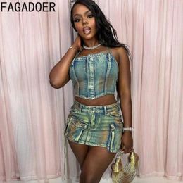 Work Dresses FAGADOER Fashion Tie Dyed Denim Gothic Street Style Women Off Shoulder Sleevless Backless Irregular Top And Mini Skirts 2pcs