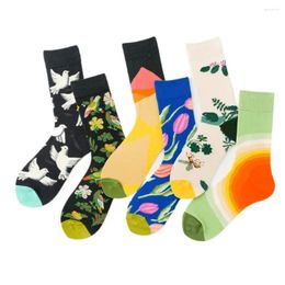 Men's Socks Cotton Crew Sox Art Graffiti Breathable Harajuku For Men Women Middle Tube Couple Hosiery Flower