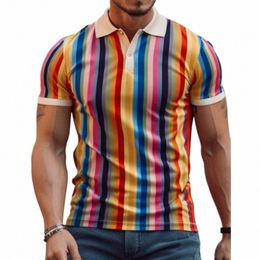 fun Men's Polo Shirt 3D Rainbow Stripe Print Retro Summer Men's Polo Collar Butt Top Polo Shirt Plus Size Men's Casual Wear g1Bw#