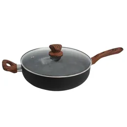 Cookware Sets 4 Quart Black Stone Jumbo Cooker Pan With Glass Lid And Wood Look Handles