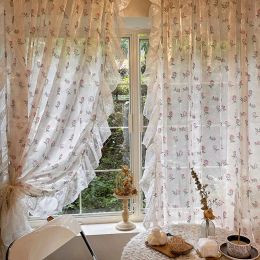 Curtains French White Rose Embroidered Lace Curtain Princess Style Dreamy Ruffled Curtains for Girls Bedroom Living Room Window Drapes