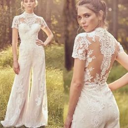 Jumpsuits Neck Wedding Dress Short Sleeve Illusion Lace Appliques Button High Quality Bride Gown Vestidos De Soiree BES121