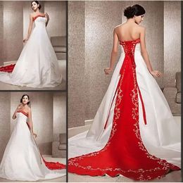 Vintage Strapless A-Line White And Red Dresses Chapel Train Satin Wedding Dress With Embroidery Beading Plus Size Bridal Gowns Bes121