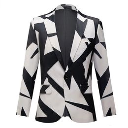 Black White Geometric Print Suit Blazers Men One Button Notched Lapel Suit Jacket Blazer Men Wedding Party Tuxedo 240315