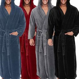 men Flannel Robe Loose Hooded Winter Lg Robe Home Gown Sleepwear Pockets Winter Warm Casual Male Bath Robe Lounge Nightgown V7dz#