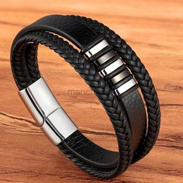 Chain TYO Fashion Stainless Steel Charm Magnetic Black Mens Bracelet Leather Genuine Leather Woven Punk Rock Bracelet Jewellery Accessories 240325