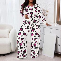 Women's Two Piece Pants Casual Pajama Two-piece Set For Round Neck Long Sleeve Leopard Print T-shirt Top And Wide Leg Home Clothing
