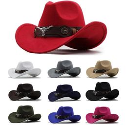 Western Cowboy Hat 3 Sizes Black Woollen Jazz Top Hat Men Ethnic Style Cow Head Ribbon Felt Cap Women Children Riding Fedora Hat 240312