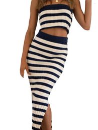 Casual Dresses Women S 2 Piece Summer Outfits Sleeveless Off Shoulder Striped Tube Tops Long Knit Bodycon Skirt Set