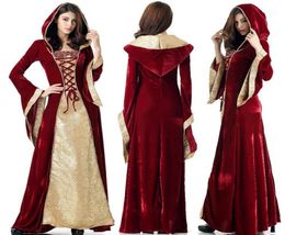 Medieval Dress Robe Women Renaissance Dress Princess Queen Costume Velvet Court Maid Halloween Costume Vintage Hooded Gown18639264