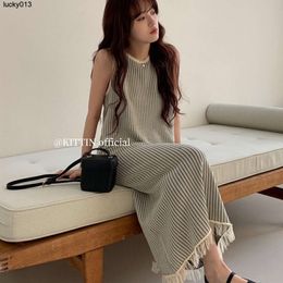 Kittin High End Vertical Stripe Slim Tassel Tank Top Dress Spring/summer New Mid Length for Women