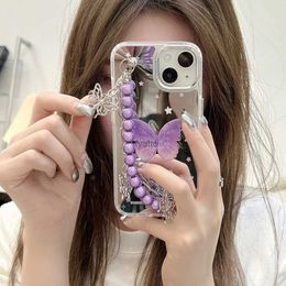 Cell Phone Cases Luxury Metal Butterfly Wrist Chain Electroplated Mirror Star Purple Phone Case for iphone 13Pro 14 Pro Max 12 Pro Max 11 Cover H240326