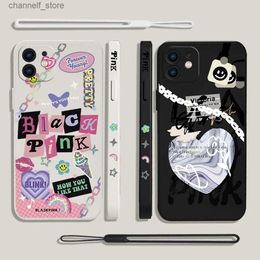 Cell Phone Cases Cute Black-Pink Girls Label Phone Case for Oneplus Nord 3 2 9R 9 8T 8 7 7T Pro 6 5G Liquid Silicone Cover with Hand StrapY240325