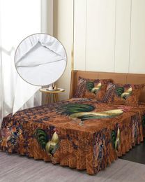 Bed Skirt Rooster Retro Brown Elastic Fitted Bedspread With Pillowcases Protector Mattress Cover Bedding Set Sheet