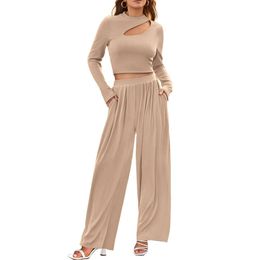 BTFBM Women's 2 Piece Tracksuit Outfits Cutout Long Sleeve Crop Top Wide Leg Pant Ribbed Knit Sweatsuits Yoga Lounge Set