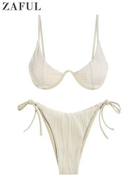 Womens Ribbed Tie Side Bikini Swimwear Underwire Push Up Solid Low Waisted Two Piece Monowire Swimsuit Beachwear Bathing 240304