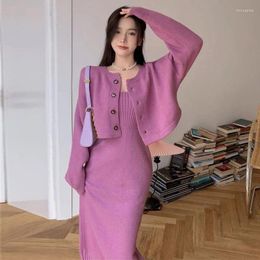 Work Dresses All-matching Sets For Autumn Winter Solid Color Two-piece Casual Dress Knit Long Sleeve Coats Women's Clothing T760