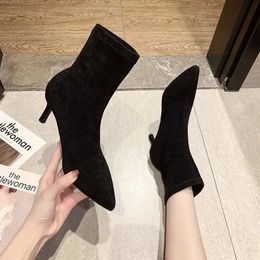 Luxury Women Beige Black Sock Boots Stiletto Thin High Heels Elastic knitting Boots Winter Stretch Fabric Boots Plus Size 240315