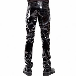 male Black Patent Leather Motorcyle Biker Pants Glossy Mid Waist Straight Trousers Leather Pant Men Wet Look Rave Party Clubwear U6yR#