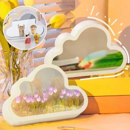 Mirrors 2023 DIY Cloud Tulip LED Night Light Girl Bedroom Ornament Creative Photo Frame Mirror Table Lamp Bedside Handmade Birthday Gift