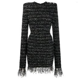 Casual Dresses S-XL High Quality Fashion Stripe Elastic Tweed Fabric Round Neck Long Sleeve Fringe Lace Slim Women's Dress