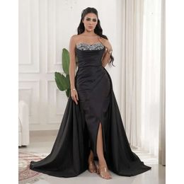 Arabisch Okt Aso Ebi Meerjungfrau Schwarz Braut Kleider Satin Kristalle Abend Prom Formelle Party Geburtstag Promi Mutter des Bräutigams Kleider Kleid ZJ