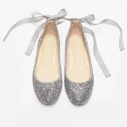 Glitter Shoes 973 Casual Sier Ballet Flats Women Round Toe Riband Cross-Tied 77225