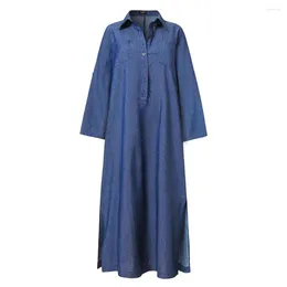 Casual Dresses Women Denim Blue Sundress Dress For Spring Summer Lapel Split Loose Long Ladies Jeans Vestidos Female