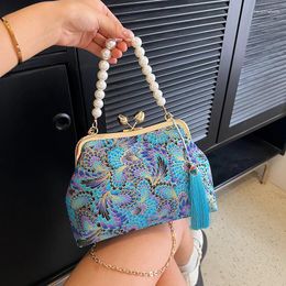 Evening Bags Retro Pearl Chain Handbag Fashion Floral Women Shoulder Satchel Designer Clip Crossbody Bag Purse Luxury Female