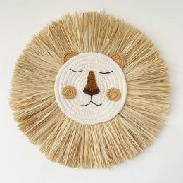 Frame Ins Nordic Handmade Lion Wall Decor Cotton Thread Straw Woven Animal Head Wall Hanging Ornament for Nursery Baby Room Decoration