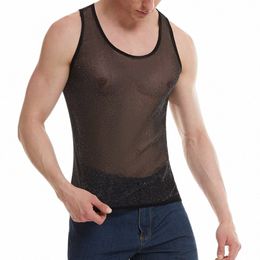 fi Man Mesh Transparent Shine Tank Vest For Men T-shirts Fitn Shirt Undershirt Muscle Sleevel Vest Tanks Clothing h5TX#