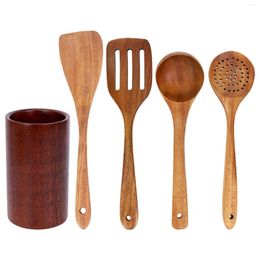 Jewelry Pouches Wooden Tableware Teak Kitchen Cooking Set With Stand Suitable For Non-Stick Cookware Shovel Spoon 5Pcs