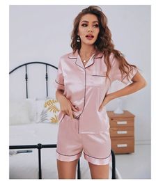 Womens Silk Satin Pajamas Set Short Sleeve Two-piece Pj Sets Sleepwear Loungewear Button-Down 240314