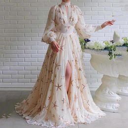 Casual Dresses High Quality Semi Neck Sequin Split Lantern Sleeves Large Swing Dress Chiffon Wedding Birthday Party Evening