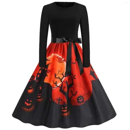 Casual Dresses Halloween Pumpkin Head Flower Round Neck Long Sleeve Sexy Print Large Swing Dress Work Office