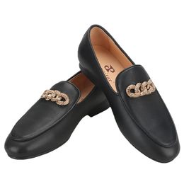 New Style Luxurious Rhinestones Buckles Men's Loafers For Party And Wedding Handmade Genuine Leather Smoking Slippers