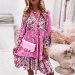 Casual Dresses Womens Vintage Ethnic Style Dress 2024 Fashion Printed Tie Neck Loose Fit Bohemian Tunic Holiday Beachwear Lady