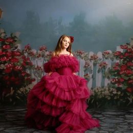 Girl Dresses Extra Puffy Fuschia Flower Tiered Ruffles Kids Birthday Gowns Ball Gown Floor Length Little Girls Pography