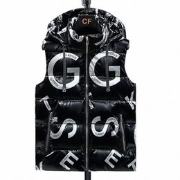 winter Thick Vest Men Hooded Hat Detachable Letters Printed Waterproof Male Comfortable And Warm Waistcoat D8IF#